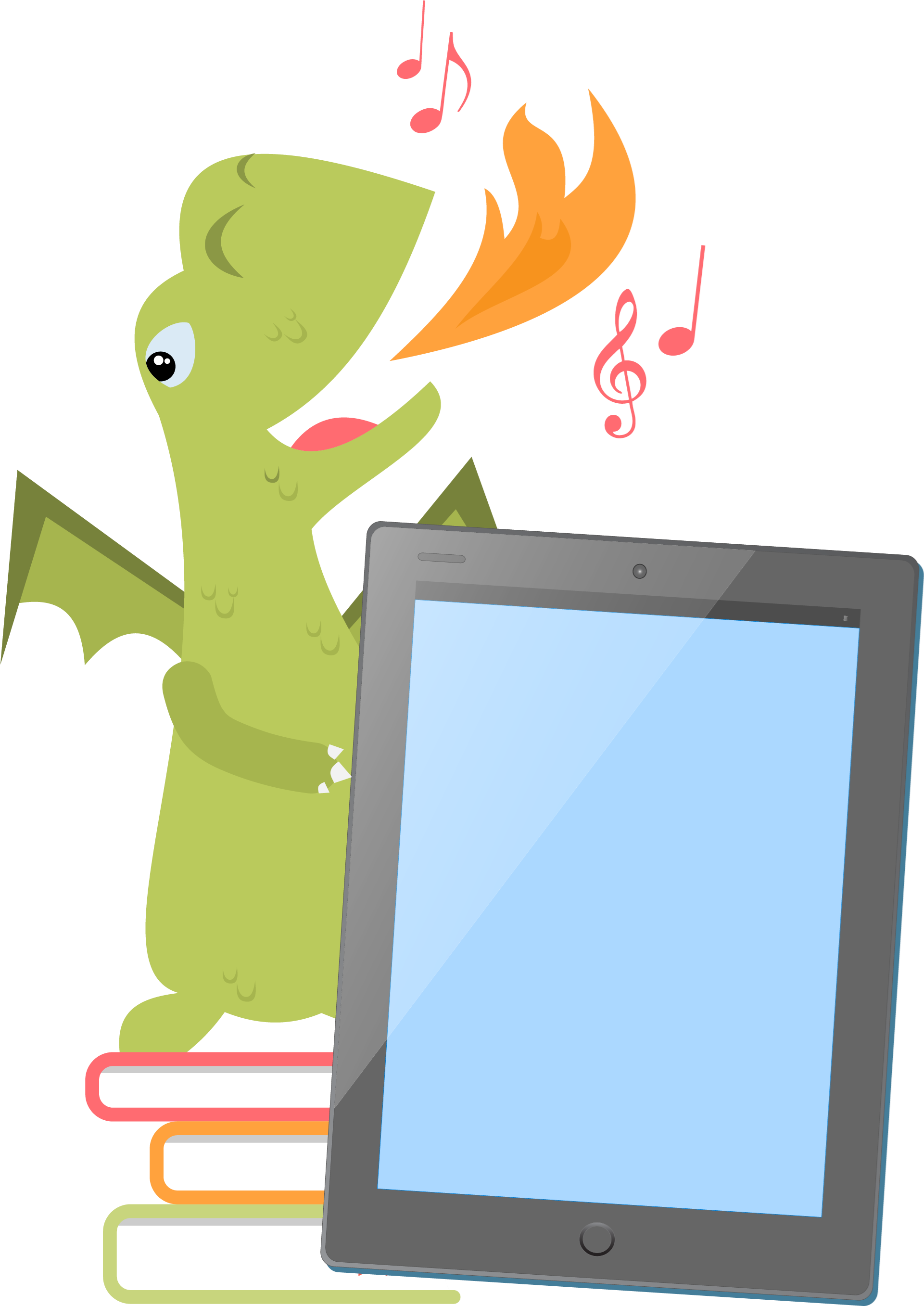 Image of a dragon standing on top of a pile of books behind a tablet