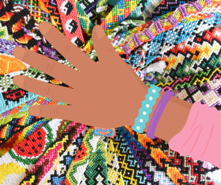 Background image of beaded friendship bracelets overlaid with a drawing of an arm wearing 2 bracelets. 