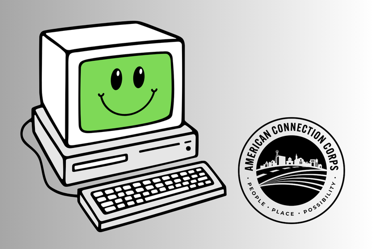 Drawing of smiling computer and logo for American Connection Corps