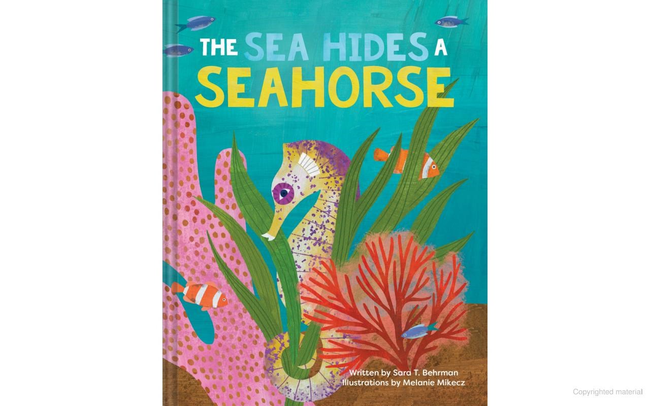 Colorful book cover with undersea scene, including seahorse and coral