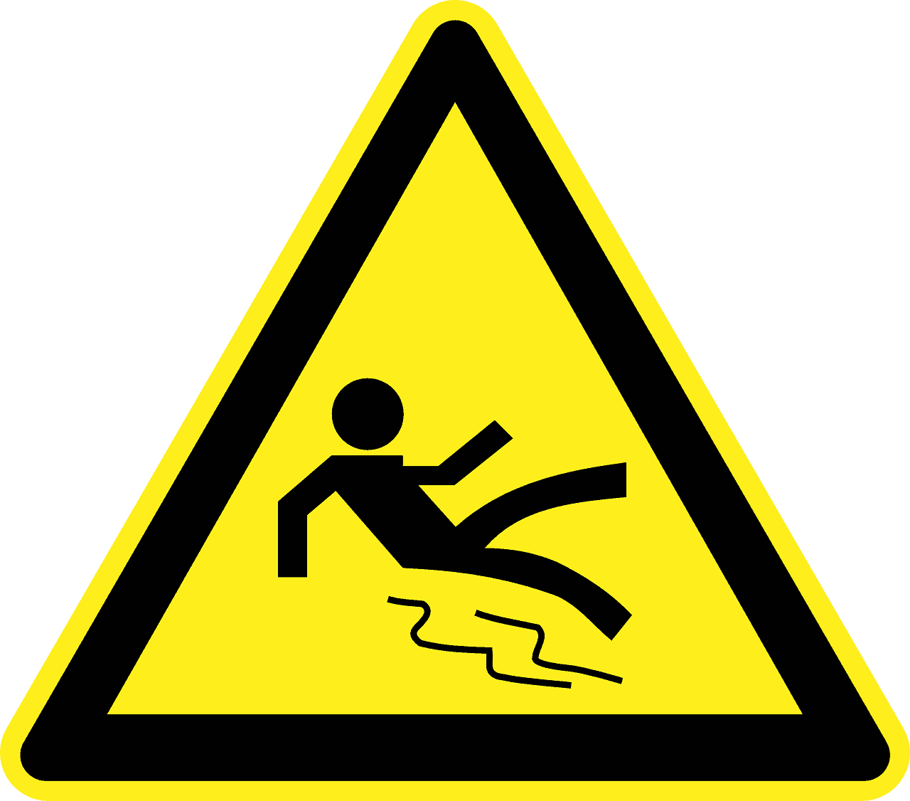 Triangular yellow sign with stick figure slipping