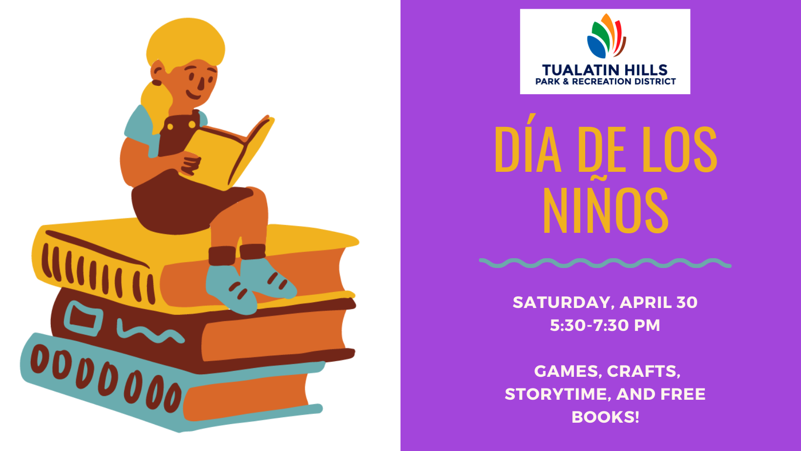 Image with girl reading book & date and time for THPRD's Dia de Los Ninos event