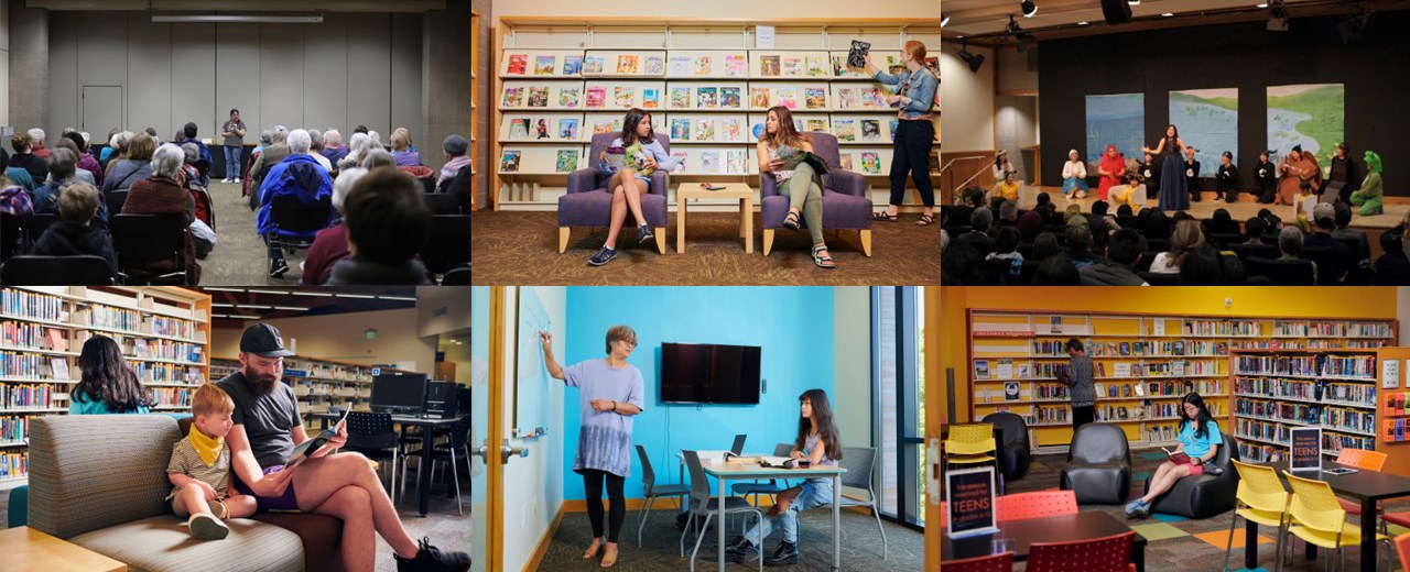 Six photos of people using indoor library spaces.