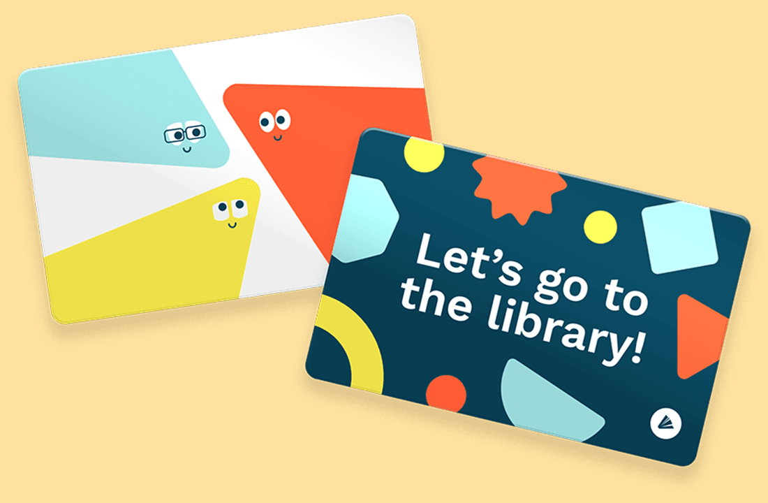 Graphic with two images of colorful library cards, one with text that reads "Let's go to the library!"