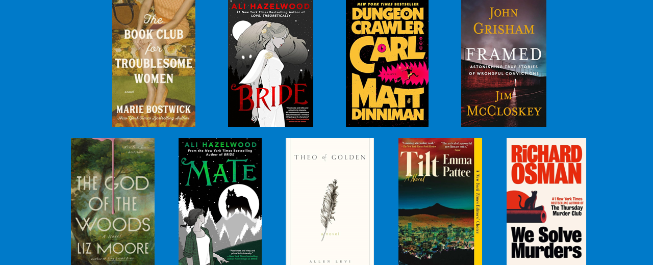 Nine colorful book covers on a bright blue background.