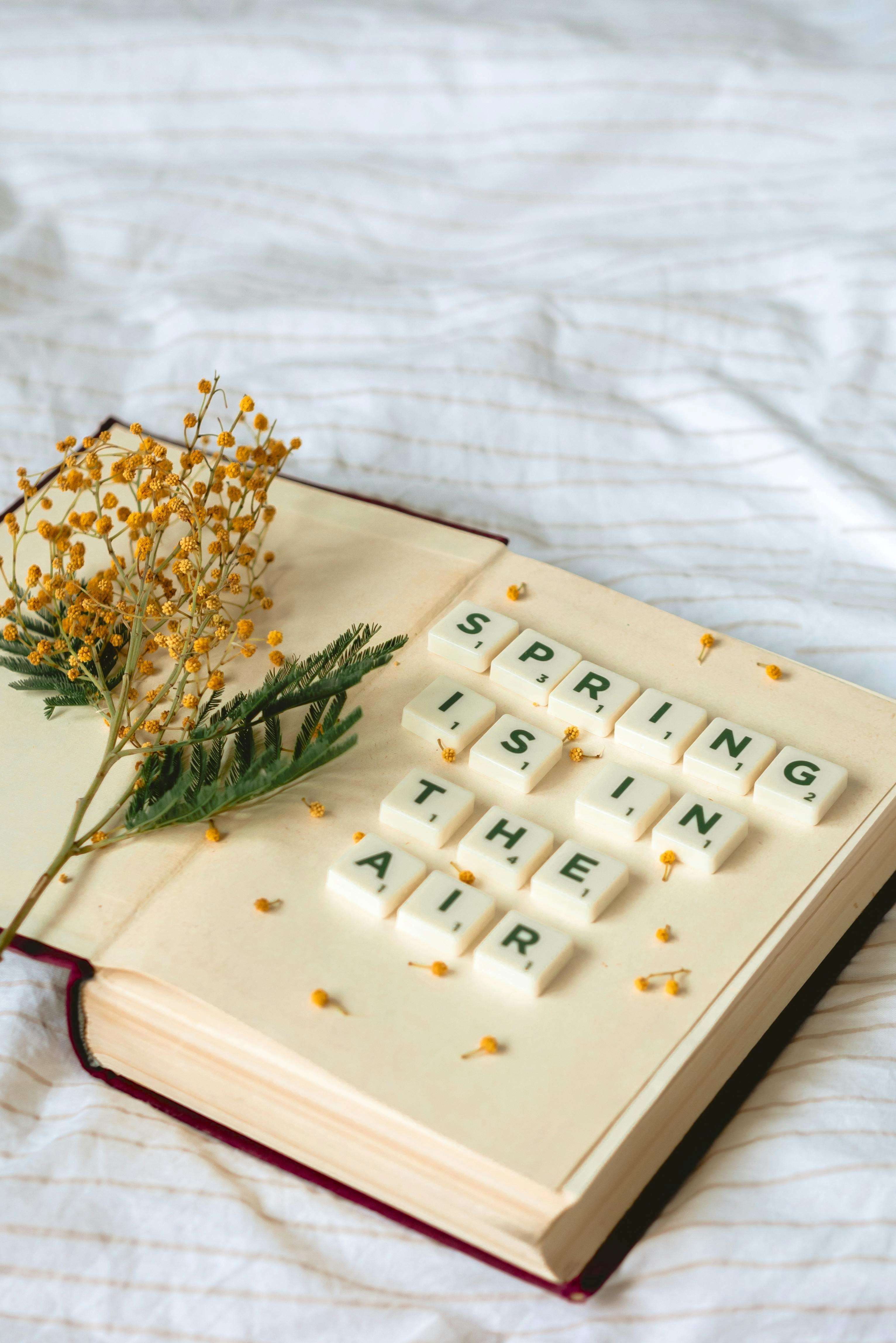 Open Book with Yellow Flowers and Letters that Spell Out Spring Is in the Air