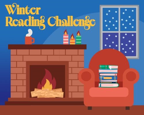 Winter Reading Challenge. Drawing of a fireplace and chair near a window with snow.