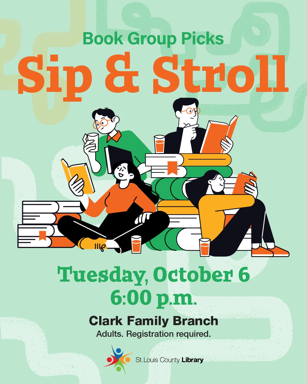 Book Group Picks Sip &amp; Stroll. Four people lounging on large books, reading, and sipping drinks.