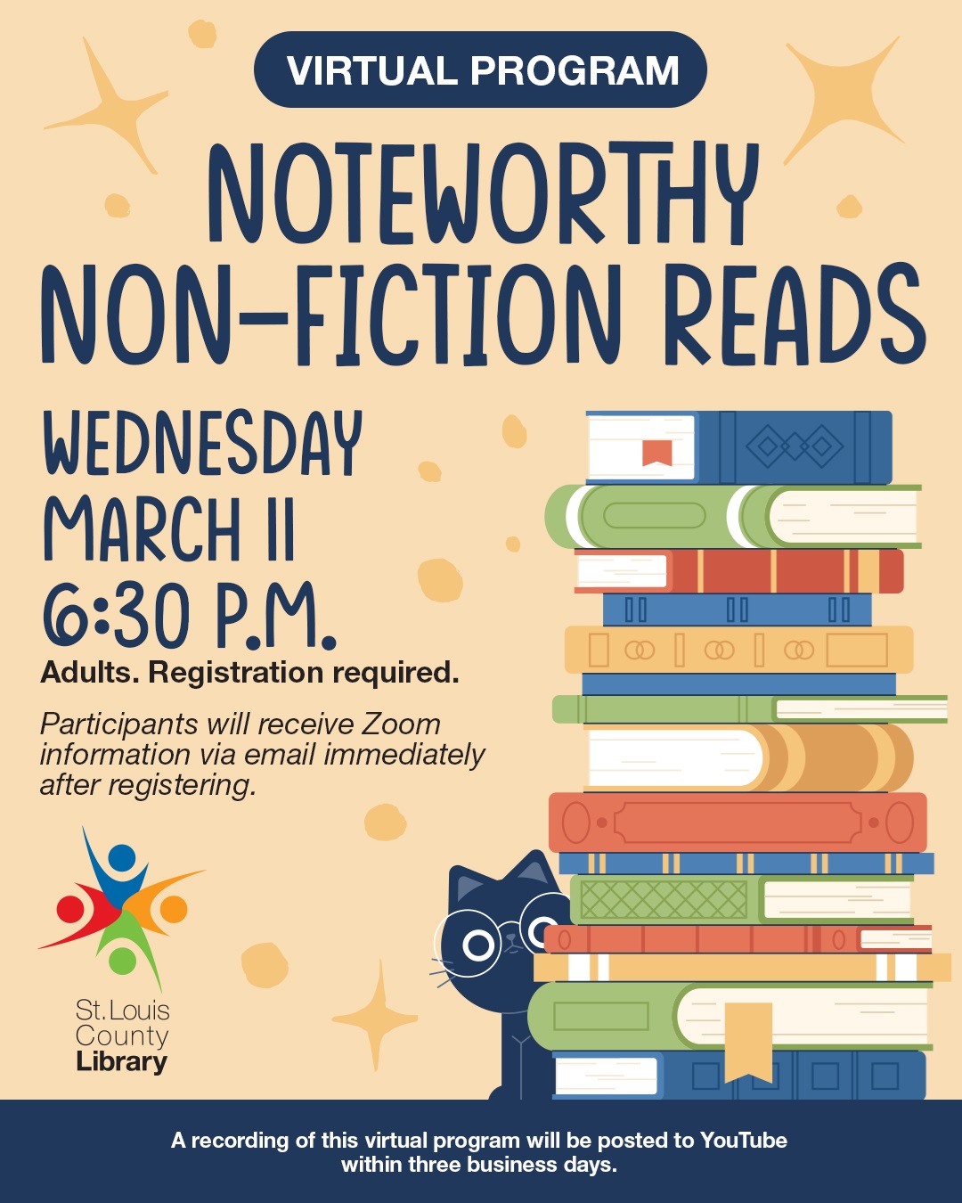 Virtual Program: Noteworthy Non-Fiction Reads. Wednesday, March 11, 6:30 p.m. Adults Registration required.