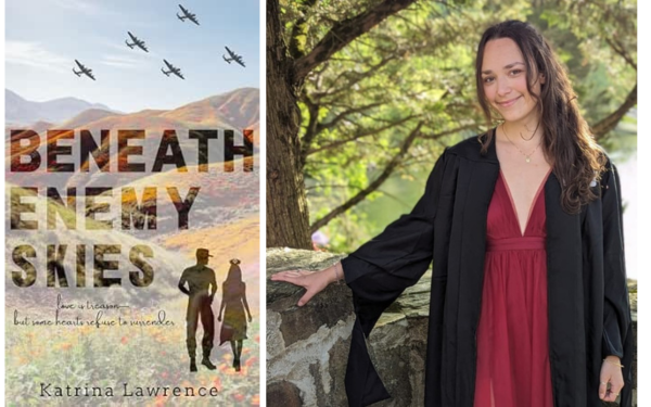 Cover image of Beneath Enemy Skies book showing a silhouette of two people walking away toward mountains and airplanes flying above, and a portrait of the author, Katrina Lawrence.