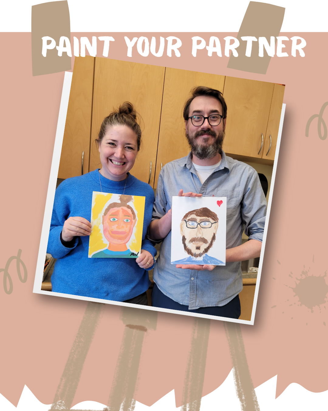 Man and woman holding paintings they made of each other