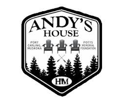 3 Muskoka Chairs above a tree line with Andy's House above it. 