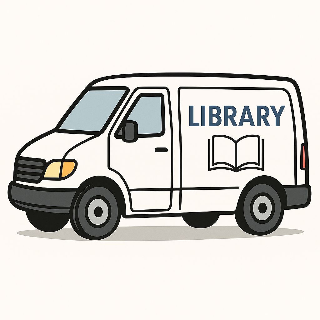 Van with the word library on it and a picture of a book