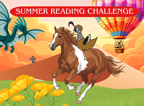 Cartoon quail riding a horse with a hot air balloon and a dragon in the background