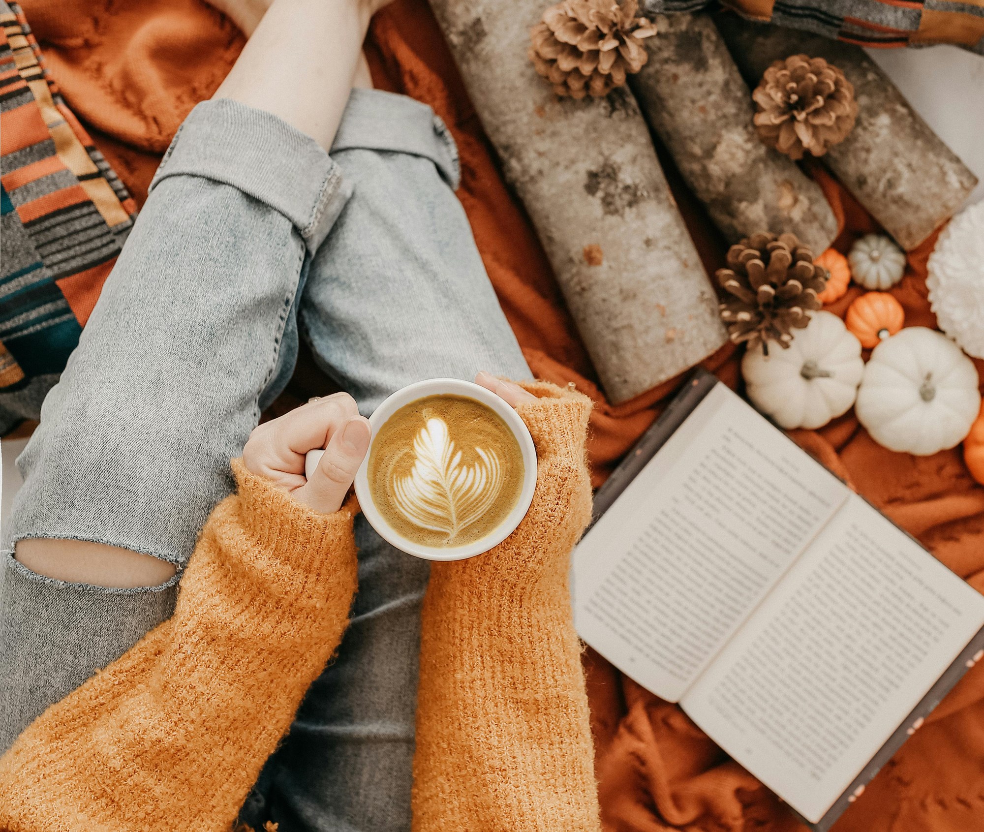 Person Holding Cup of Coffee Next to a Book and Mini Pumpkins