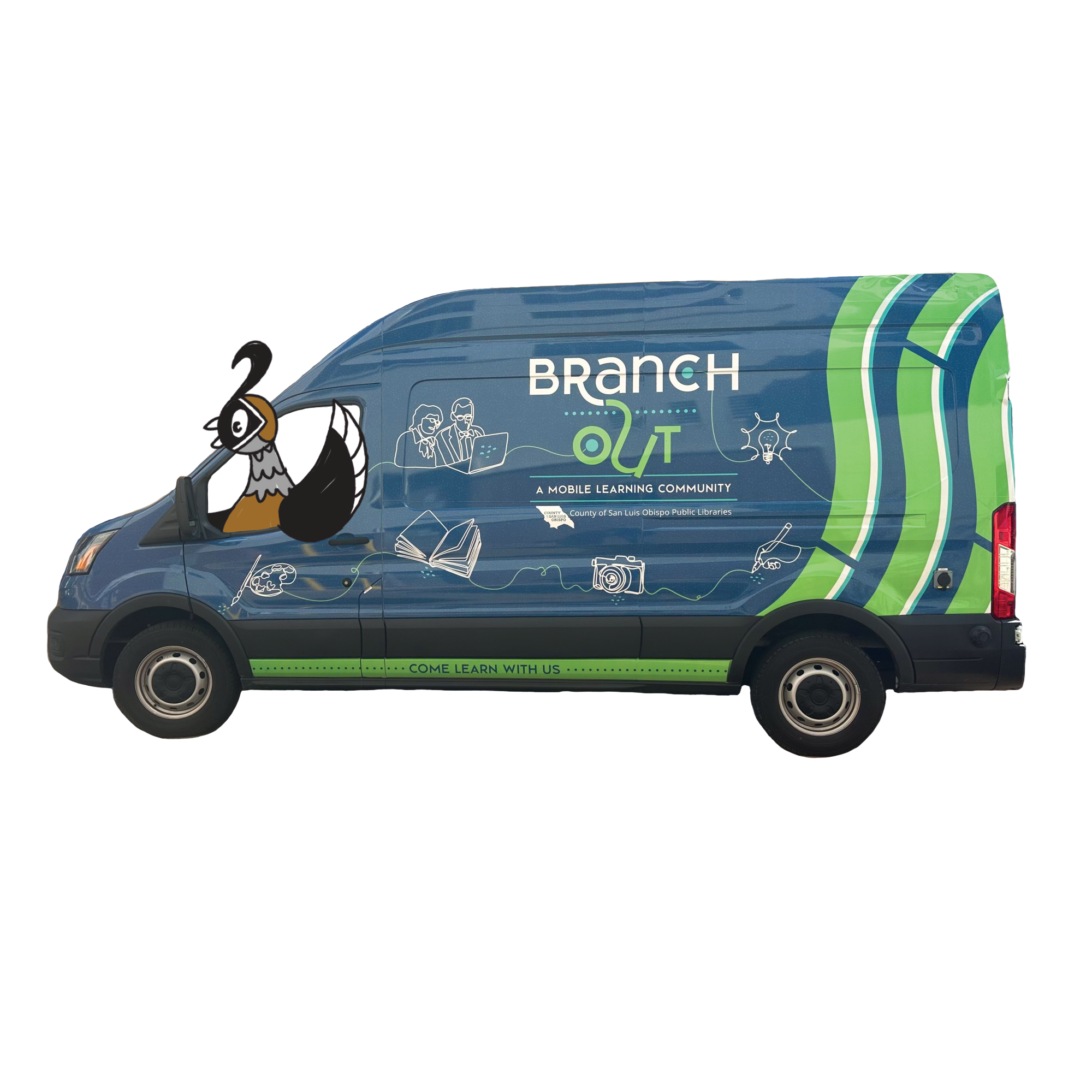 Cartoon quail driving the blue Library Branch Out van
