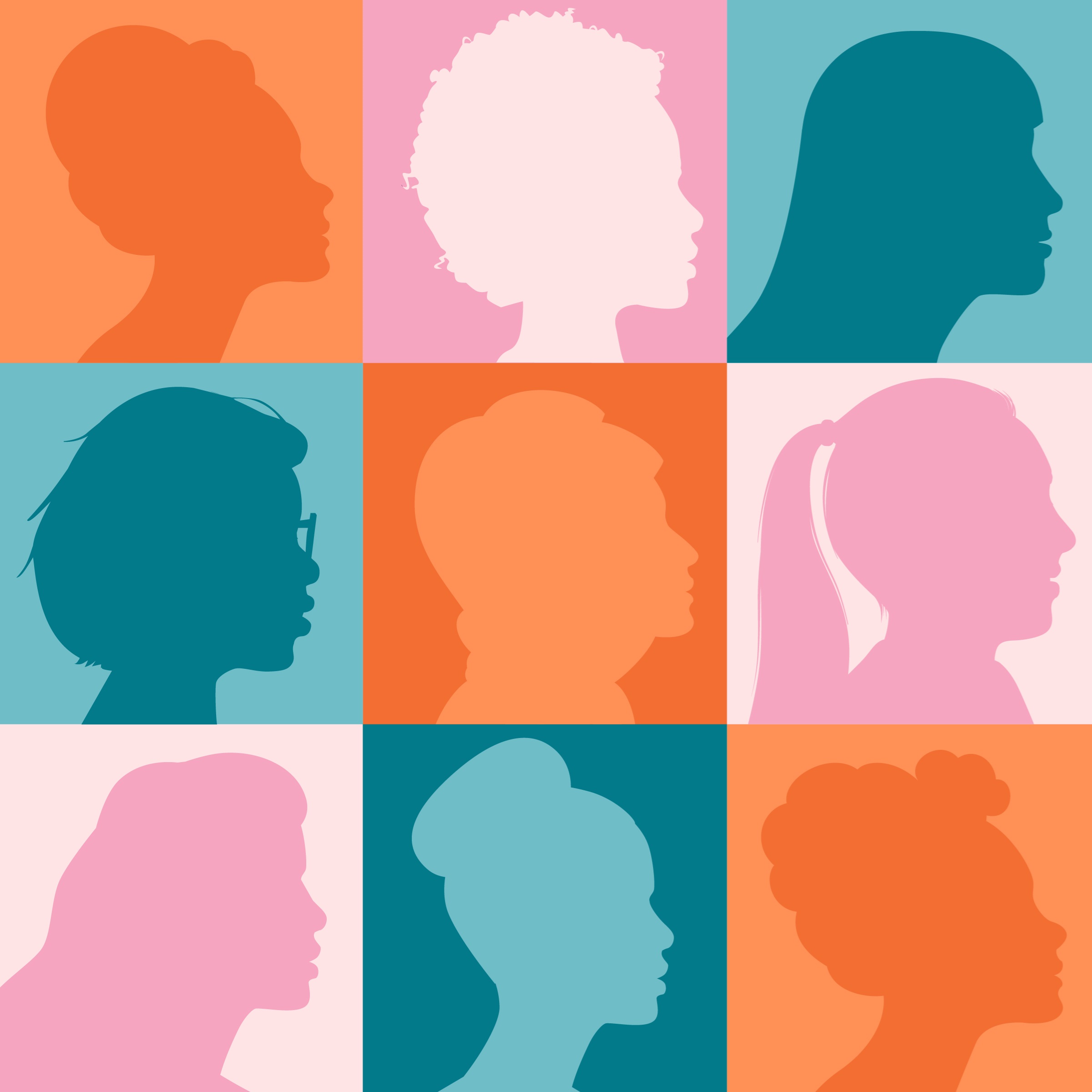 Backgrounds - Squares with Women's Silhouettes - Orange Teal Pink