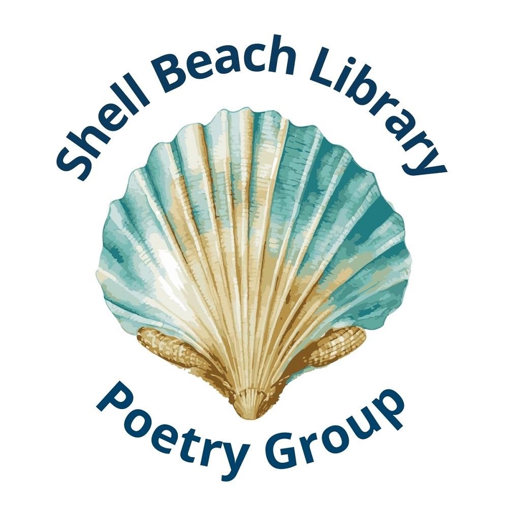 Blue and beige seashell with text "Shell Beach Library Poetry Group"