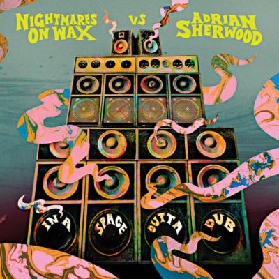 Album cover for In A Space Outta Dub by Nightmares on Wax and Adrian Sherwood, featuring a bold, abstract design with cosmic or space-inspired imagery. The artwork uses dark tones and layered visuals to reflect the album’s dub and electronic sound.