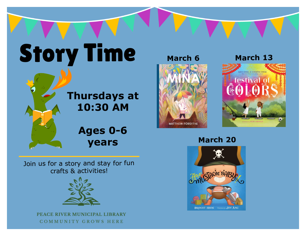 Story Time - Thursdays at 10:30am. 0-6 years with parent participation. Drop-in.