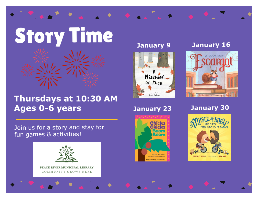 Story Time - Thursdays at 10:30am. 0-6 years with parent participation. Drop-in. Story Time - Thursdays at 10:30am. 0-6 years with parent participation. Drop-in.