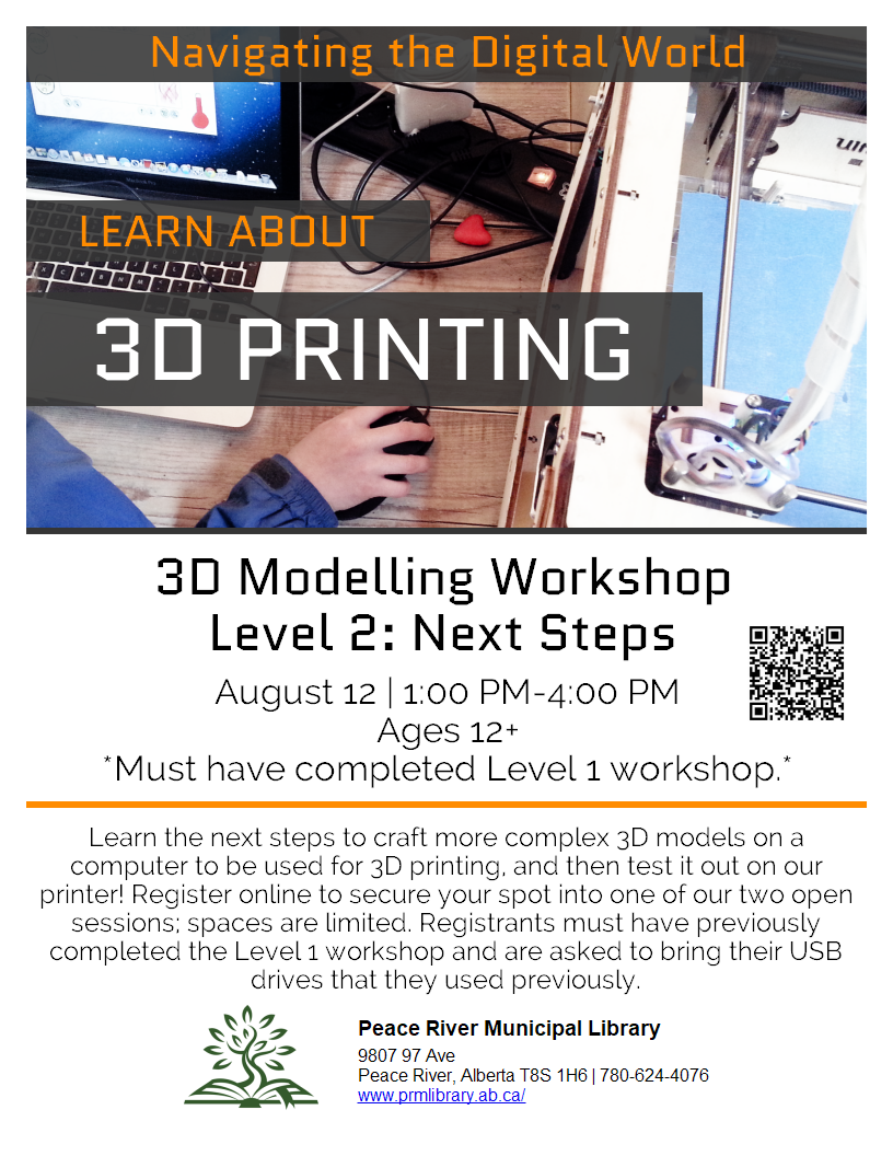 3D Modelling Workshop Level Two - August 12 from 1 to 5pm.