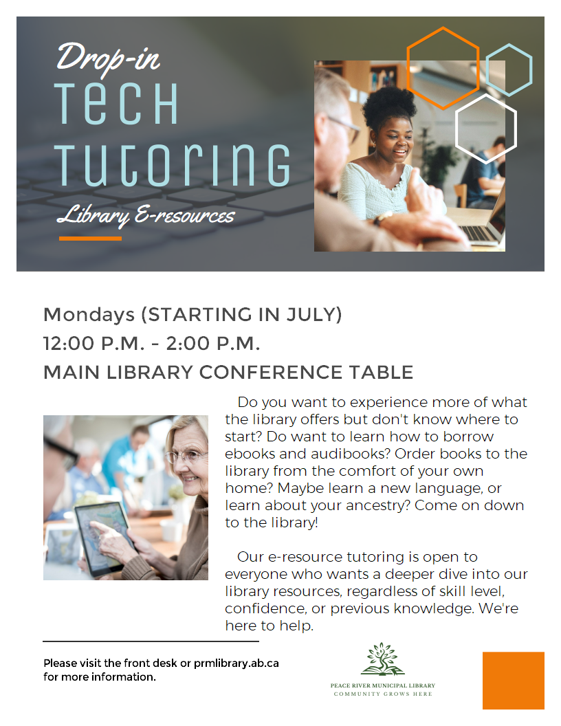Tech Tutoring : Library E-Resouces - Mondays in July from noon to 2pm.