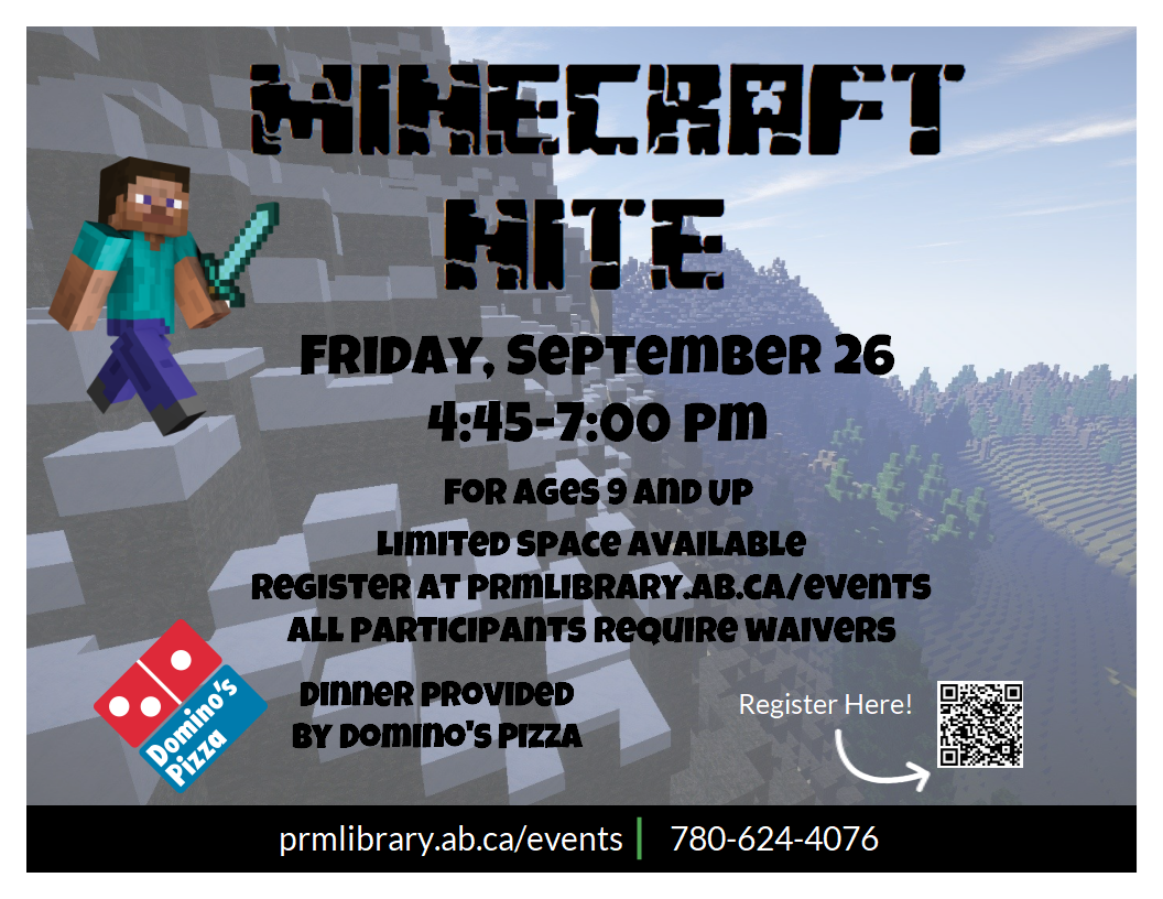 Minecraft Nite - September 26 from 4:45 to 7pm.