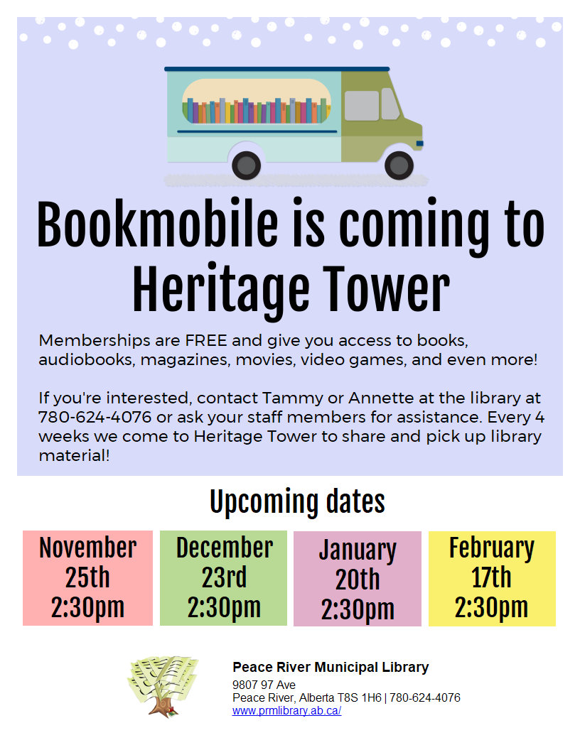 Bookmobile is coming to Heritage Tower on September 2 and 30 at 2:30pm.