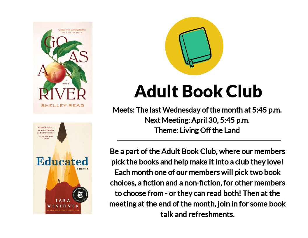 Adult Book Club meets April 30th at 5:45