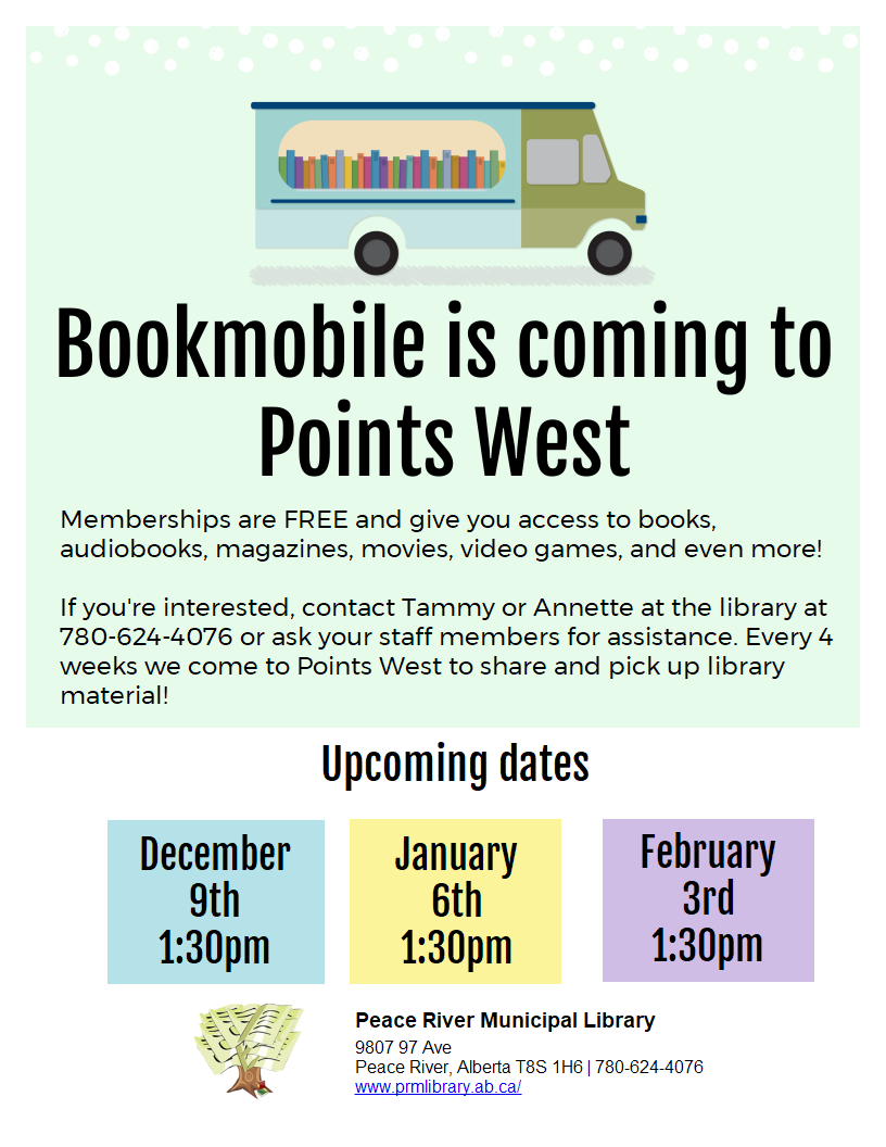 Bookmobile runs to Points West September 16 at 1:30pm. Bookmobile runs to Points West September 16 at 1:30pm.