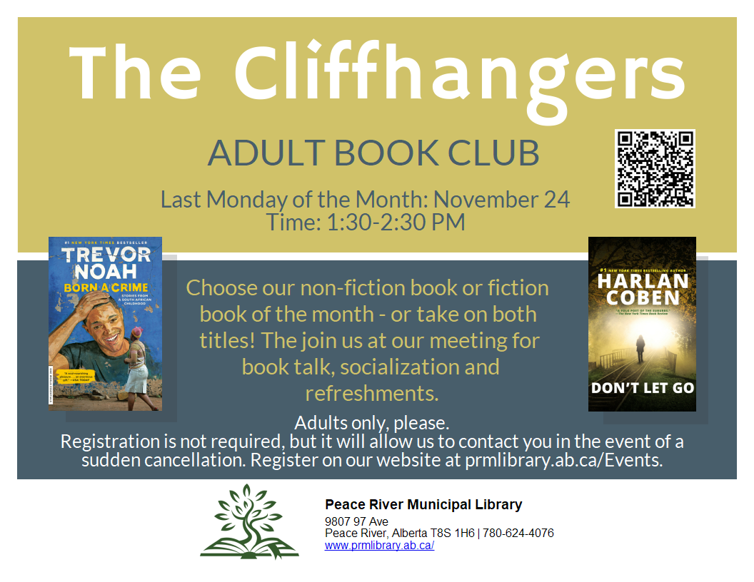 Cliff Hangers : Adult Book Club - November 24th form 1:30 to 2:30pm.