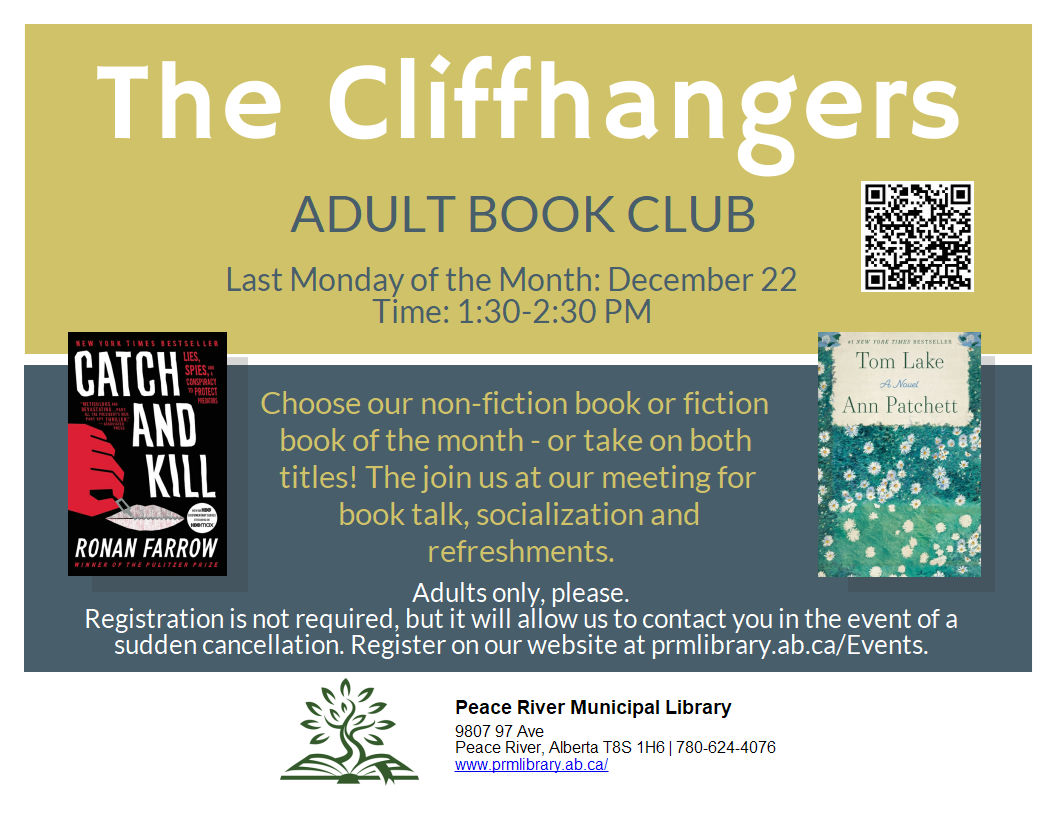Cliff Hangers : Adult Book Club - November 24th form 1:30 to 2:30pm. Cliff Hangers : Adult Book Club - November 24th form 1:30 to 2:30pm.