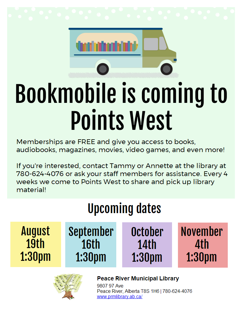 Bookmobile runs to Points West September 16 at 1:30pm. Bookmobile runs to Points West September 16 at 1:30pm.