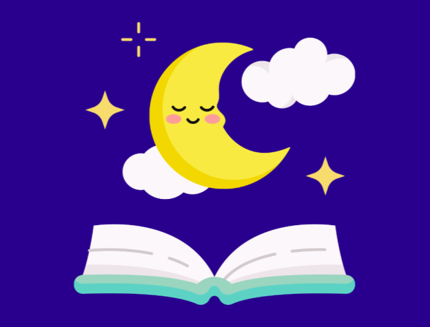 Image of a sleeping moon and an open book