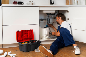 Man laying on the floor while working on pipes in a cabinent.