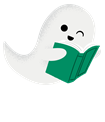 Illustration of a friendly winking ghost with a book facing to the right
