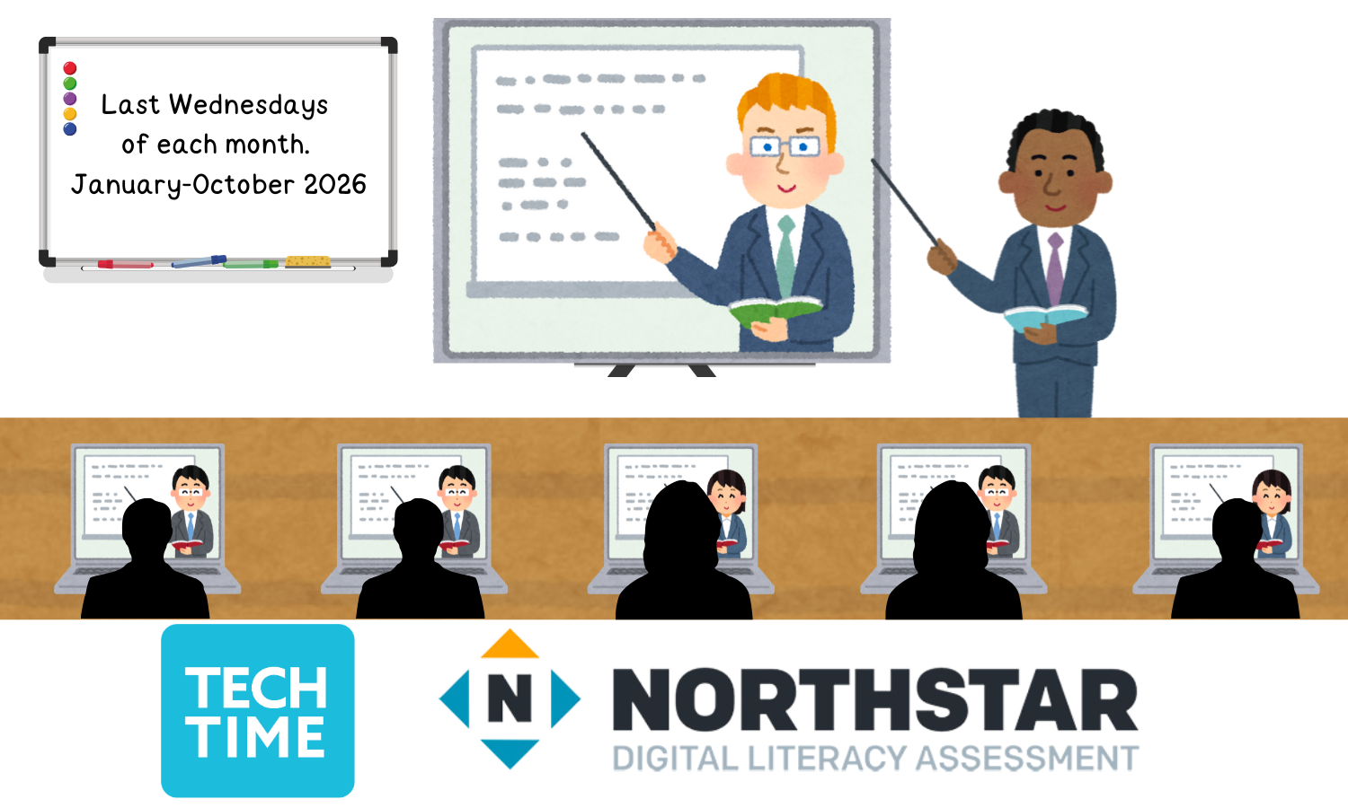 logo of northstar digital literacy assessment, that also states last wednesdays of each month jan-oct 2026 in the whiteboard logo of northstar digital literacy assessment, that also states last wednesdays of each month jan-oct 2026 in the whiteboard