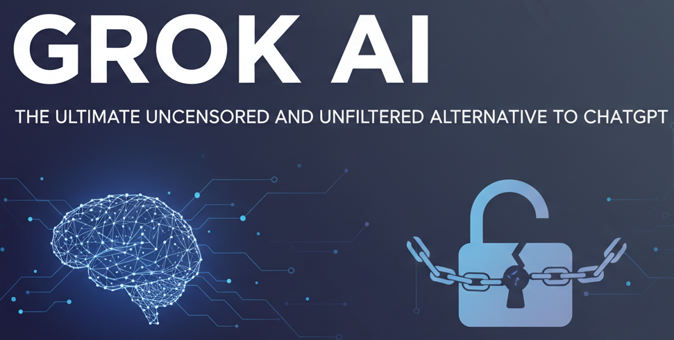 A graphic reading “Grok AI” with icons of a digital brain and an unlocked padlock on a blue tech background.