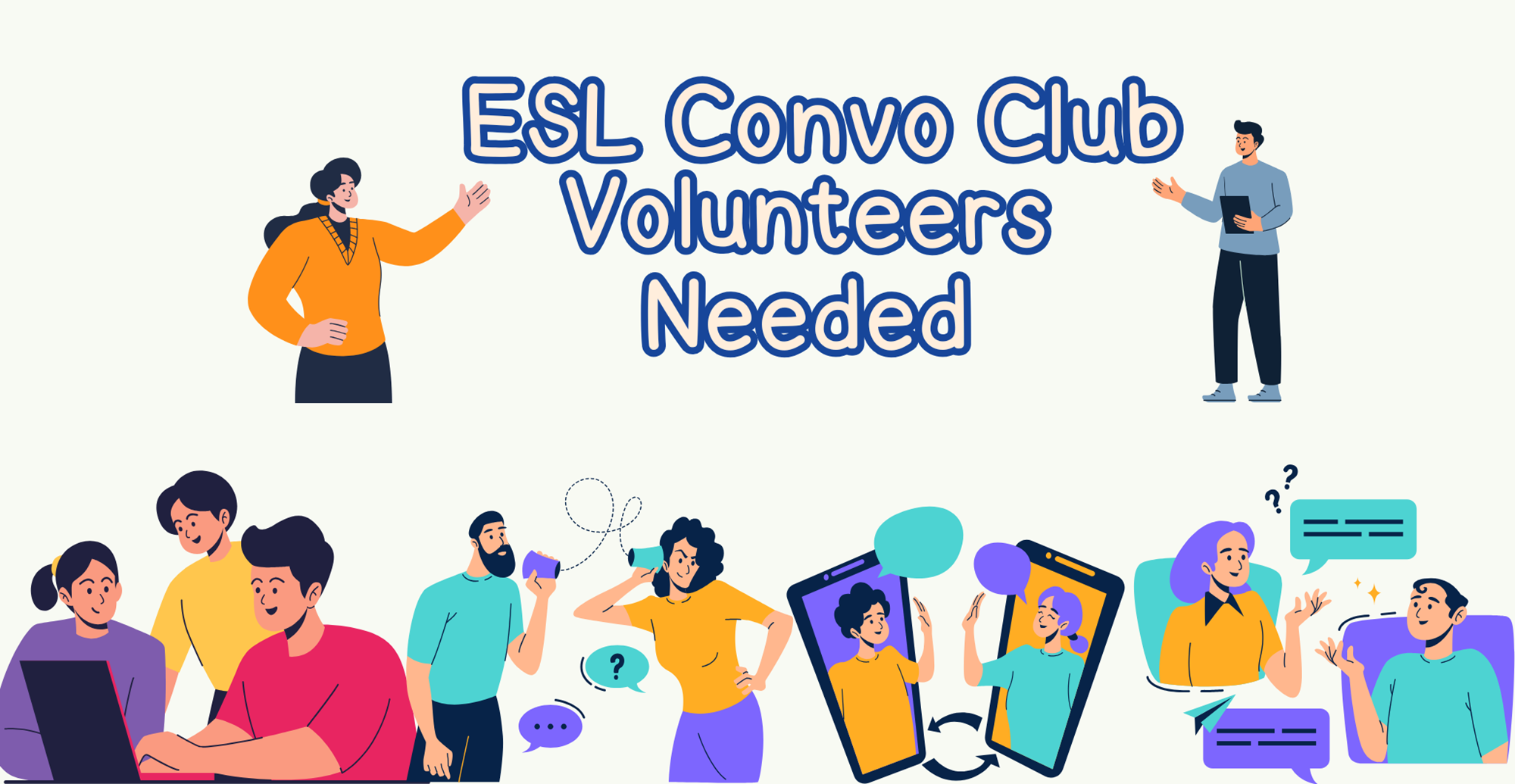 An illustrated flyer inviting volunteers to support an ESL conversation club.