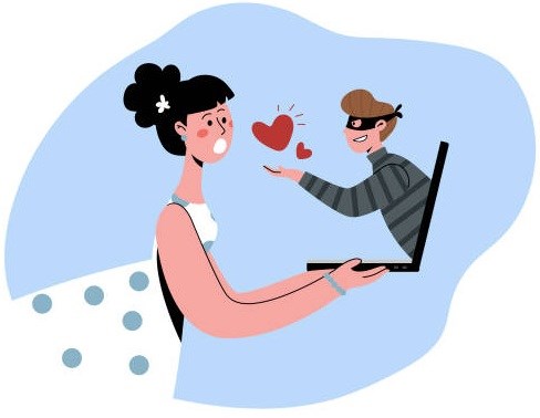 An illustration shows a masked scammer appearing from a laptop while sending hearts to trick a woman.