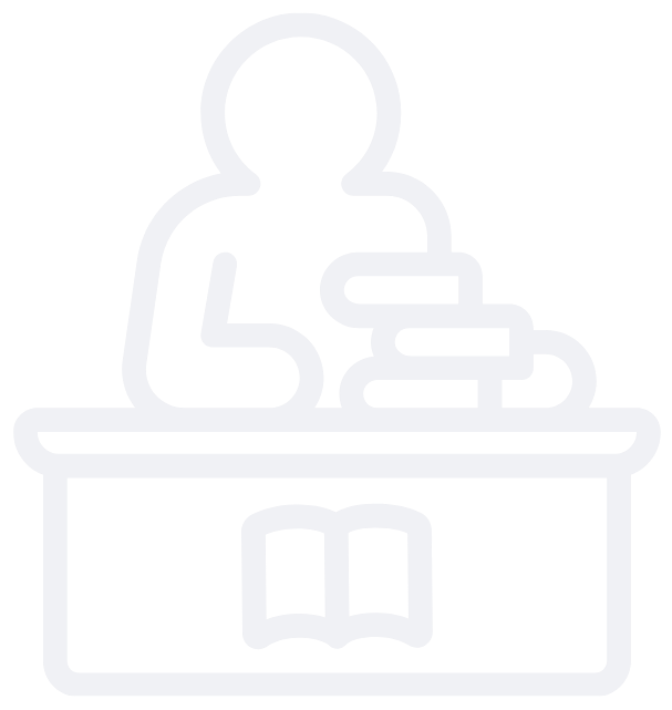 A line icon of a person at a desk with stacked books and an open book symbol on the front.