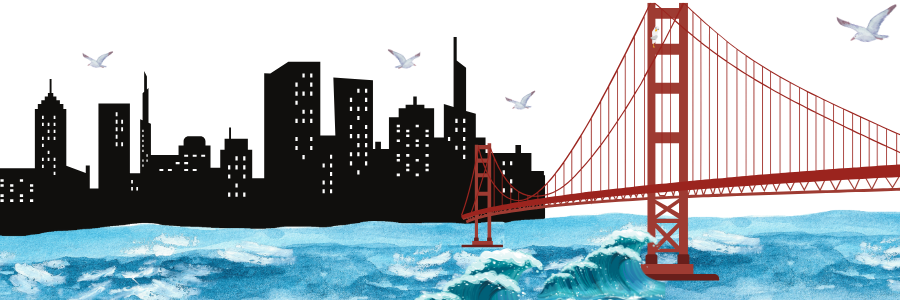 An illustrated banner shows the San Francisco skyline and the red Golden Gate Bridge above blue ocean waves with seagulls in the sky