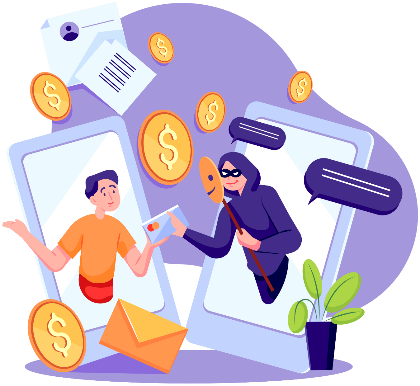 A masked scammer on a phone screen tricks a person into giving a credit card, with money icons around them.