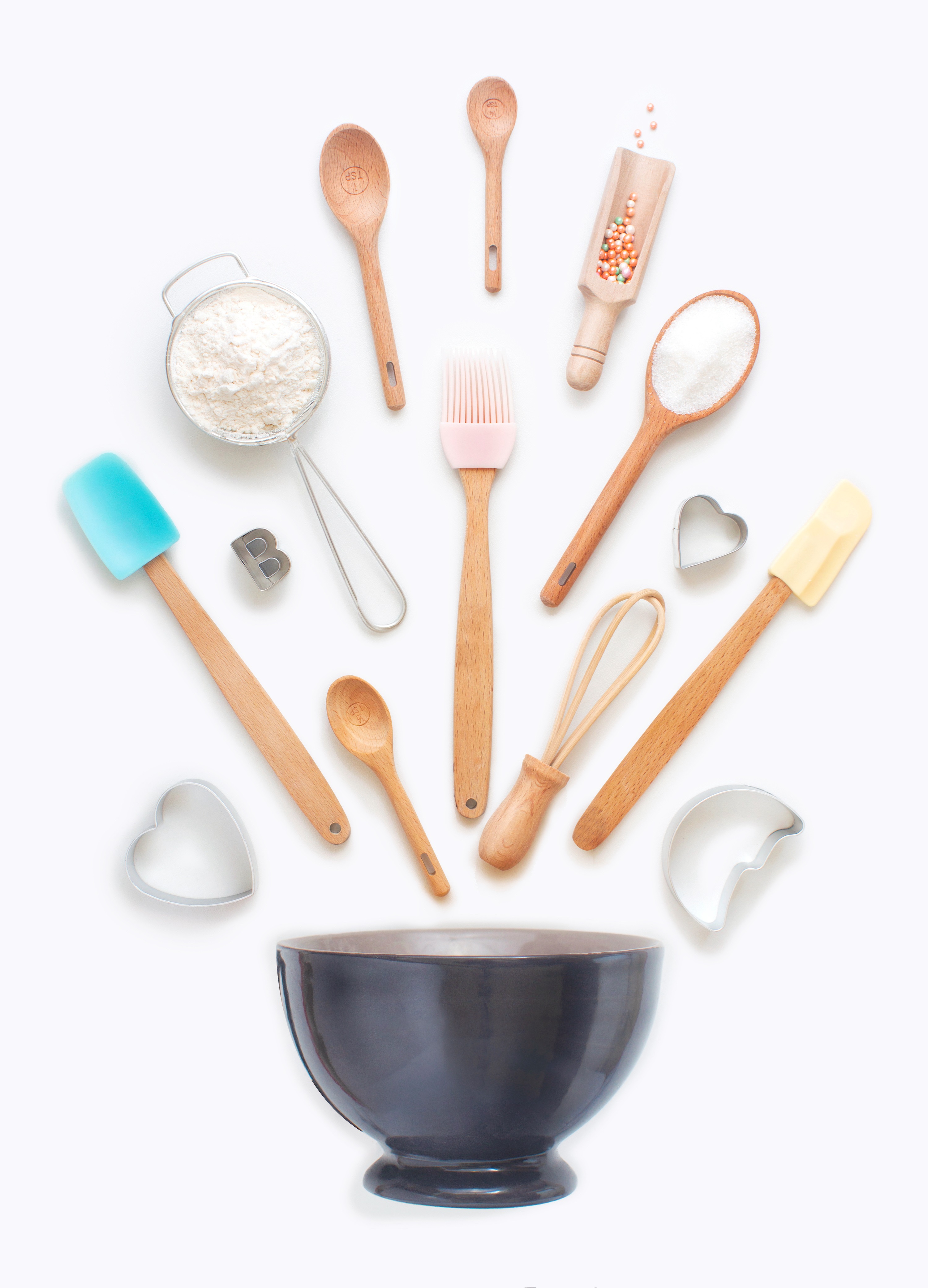 Baking Utensils and Bowl on White Background