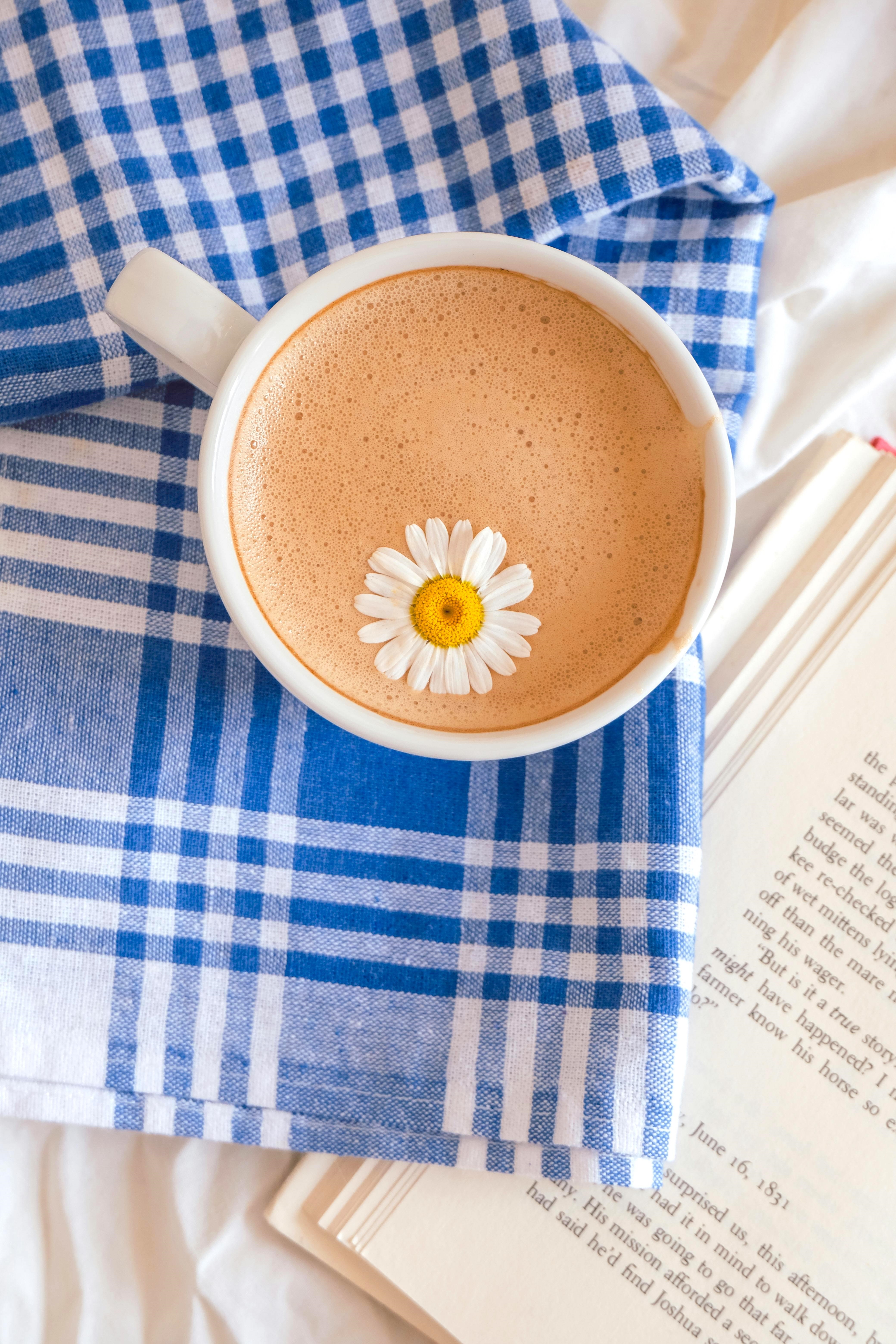 Mug of Coffee with a Flower in it on Top of a Blue Checkered Towel and Book