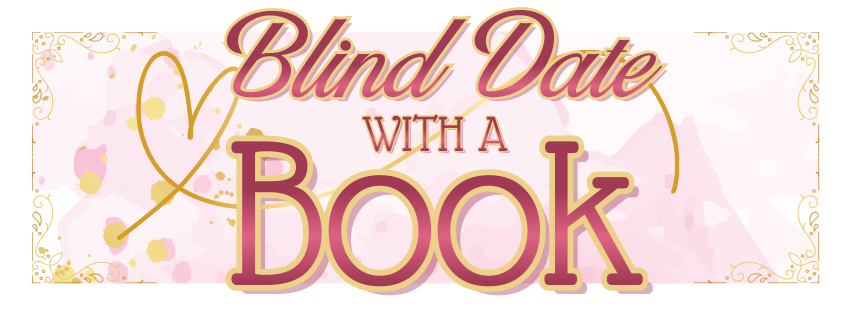 A pink watercolor background with a gold floral border and the words Blind Date With A Book in red, outlined in gold.