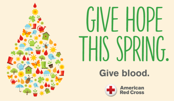 Give hope this spring. Give blood. An illustration of a drop composed of raindrops, plants, and umbrellas.