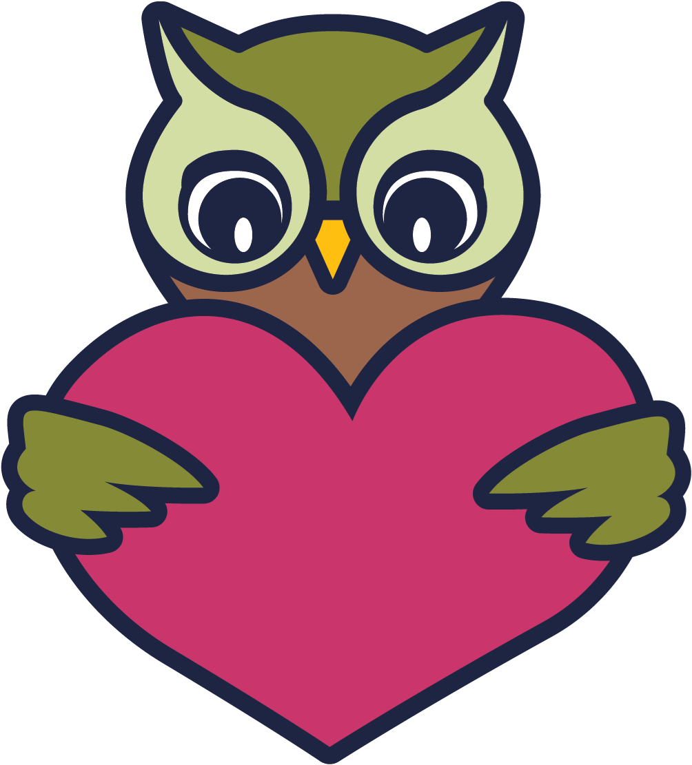 Dale, a green cartoon owl, holding an oversized pink heart shape.