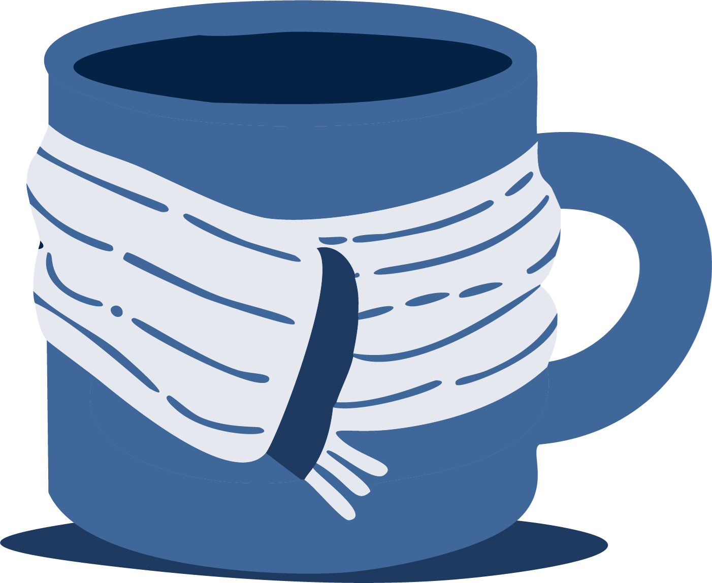 An illustration of a coffee mug wrapped in a scarf.